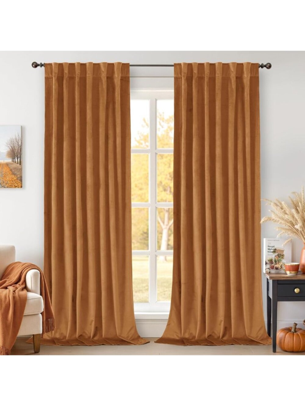 Orange Blackout Velvet Curtains 96in - 2 Panels for Living Room, Bedroom Decor